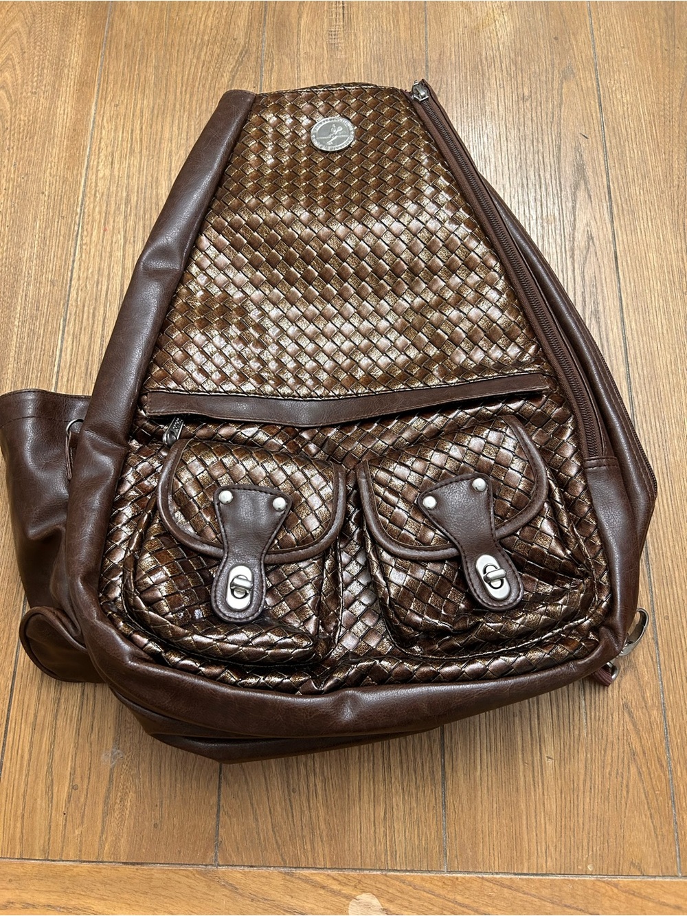 Whack Sak metallic Brown Woven tennis ratchet Sling Backpack OS